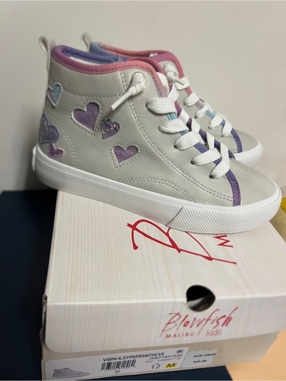 Girls Size 12 BlowfishGray High-Top Sneakers with Lavender & Pink Hearts